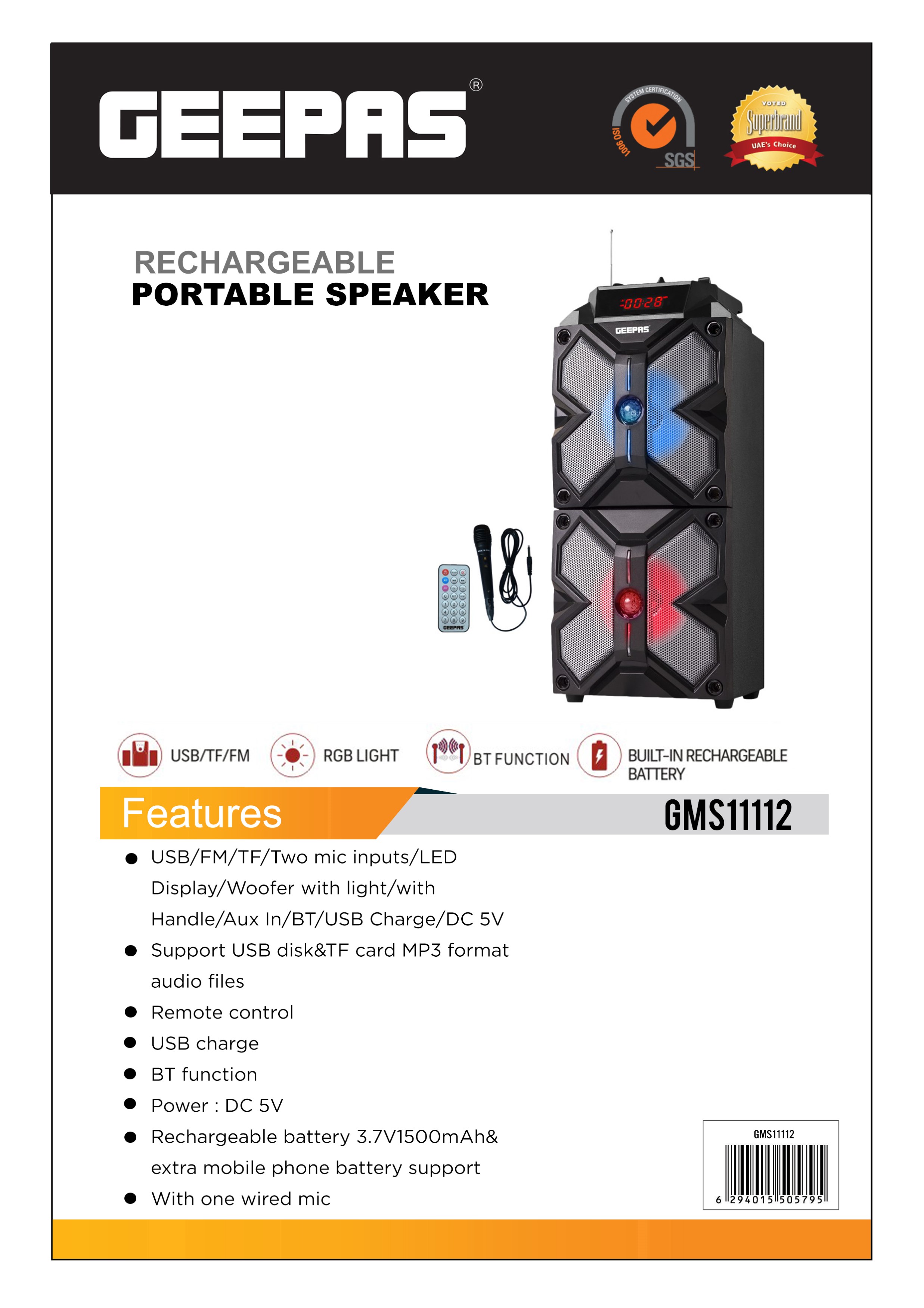 Geepas GMS11112 Rechargeable Portable Speaker - 2600 mAh Battery